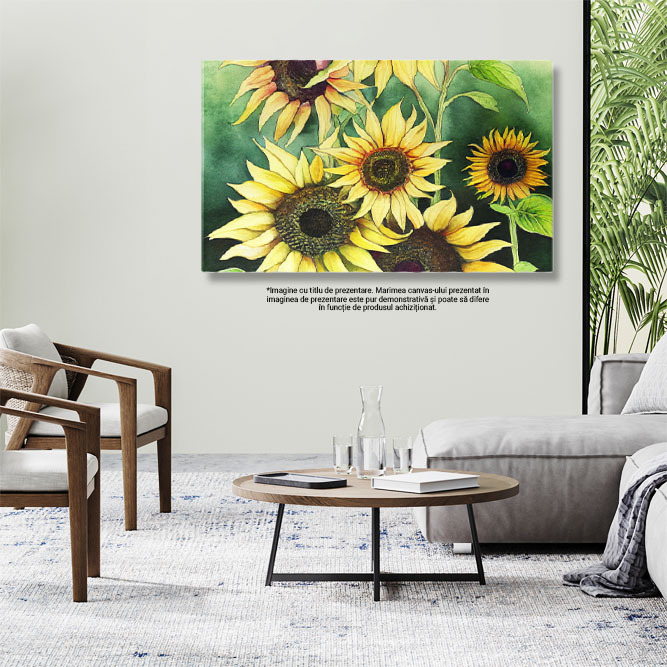 Tablou Canvas: Desen din creion cu flori galbene pe fundal verde - Buchet cu floarea soarelui 40x25CM [2]