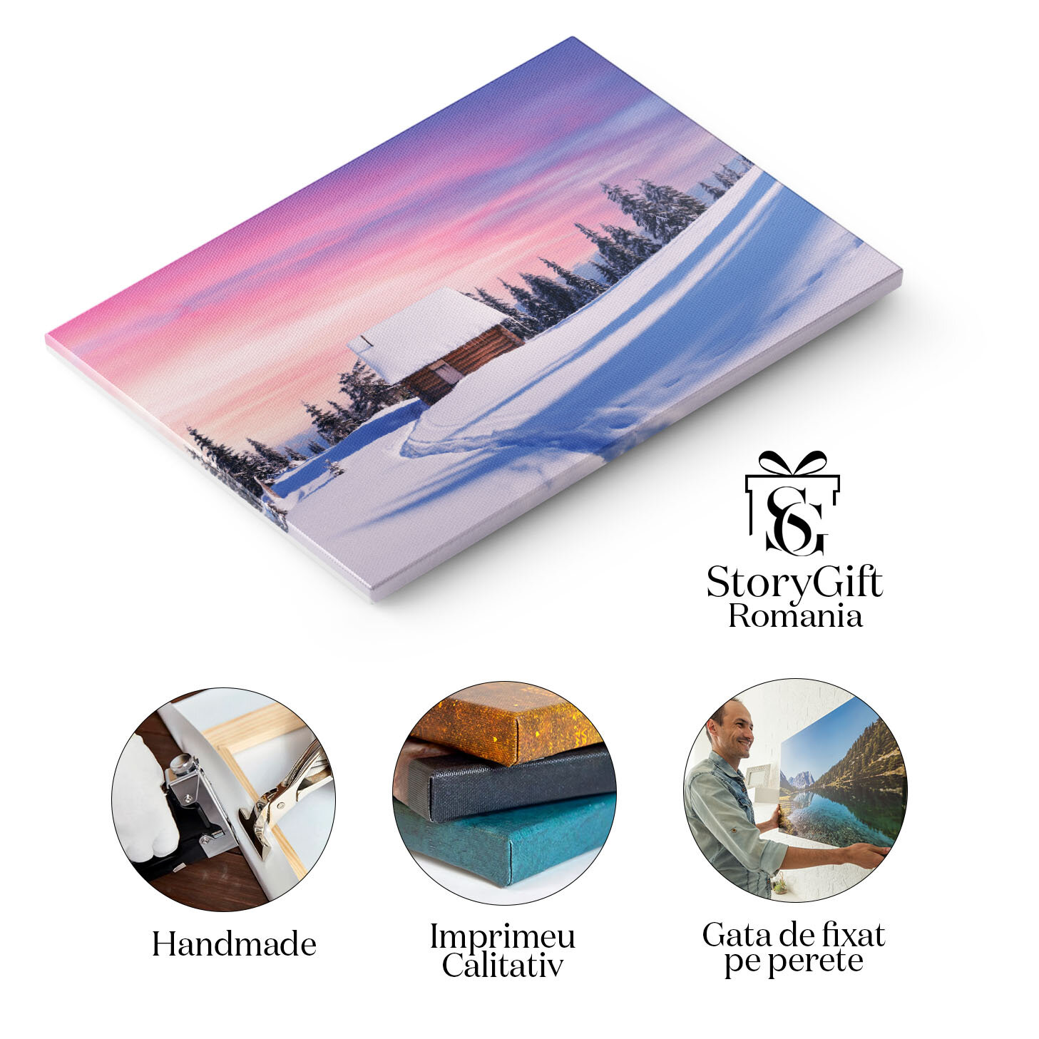 Tablou Canvas: Oras Invelit in Iarna - Peisaj, Iarna, Casa, Munti 40x25CM [1]