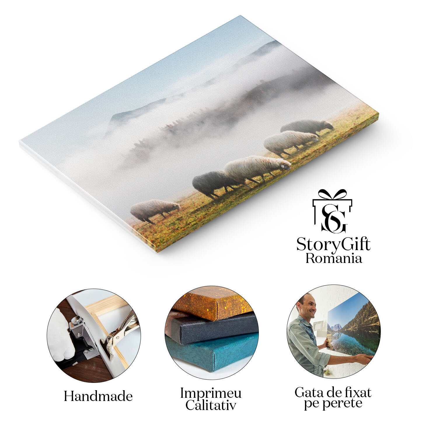 Tablou Canvas - Oi in munte pe ceata: sheeps, foggy, mountain, nature 40x25CM [1]