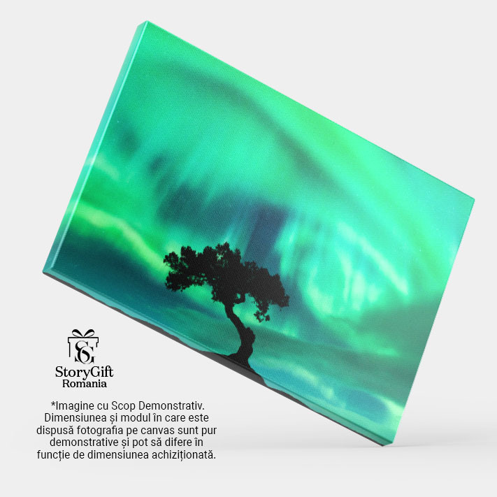 Tablou Canvas Magie in Padurea Boreala - Luminitele aurorelor boreale danseaza printre copaci 40x25CM [3]