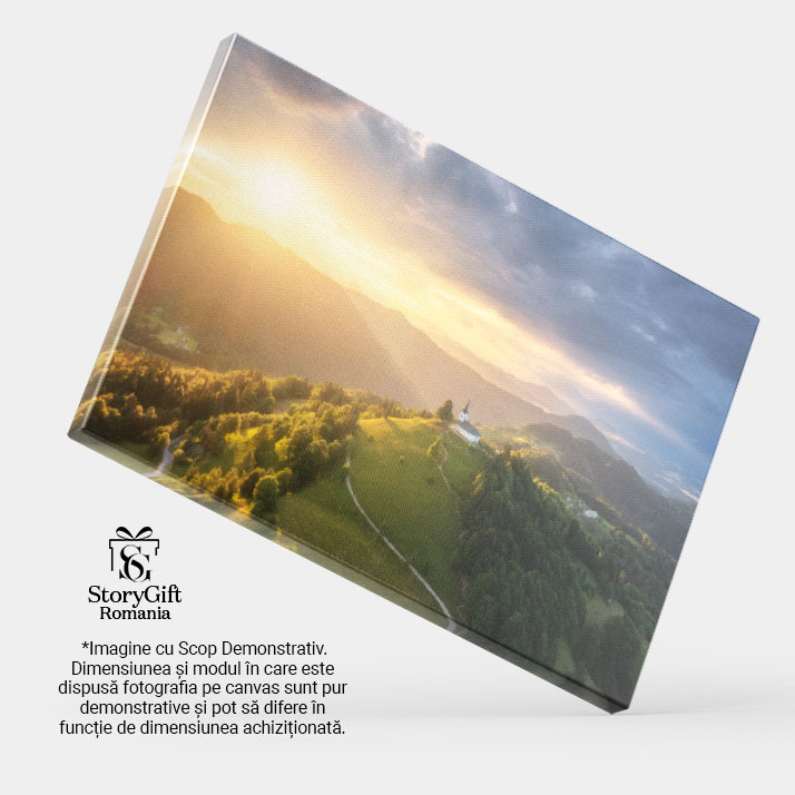 Tablou canvas cu biserica, deal, padure, munti, apus, soare, multicolor 40x25CM [3]