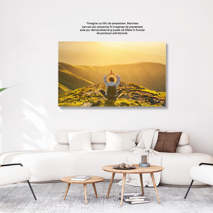 Tablou Canvas - Calatorind Prin Padure: Fata cu Rucsac Meditand, Yoga, Golden Hour, Apus 40x25CM [2]