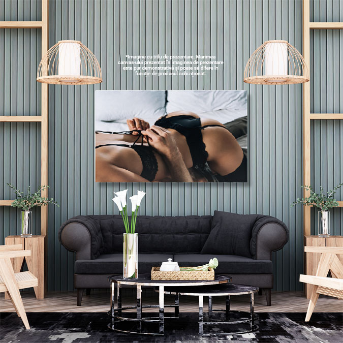 Tablou Canvas - Cuplu seducator, lenjerie neagra, atmosfera intima, dormitor 40x25CM [2]