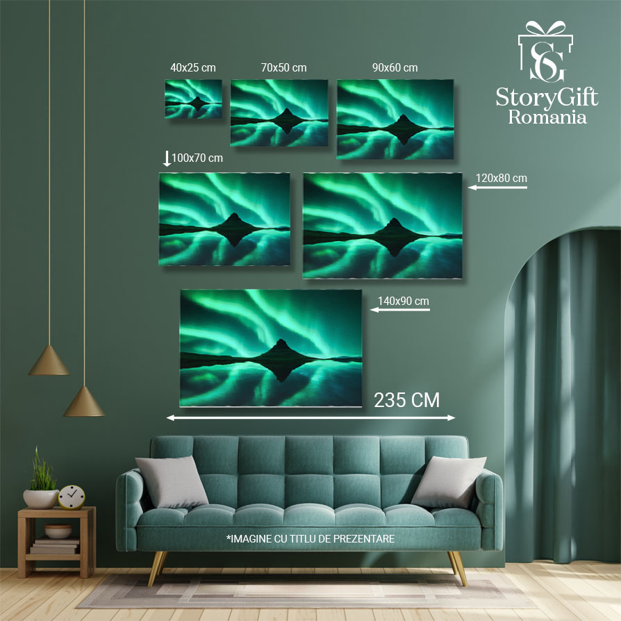 Tablou canvas cu aurora boreala, stele, noapte, mare, verdeata, multicolor 40x25CM [4]