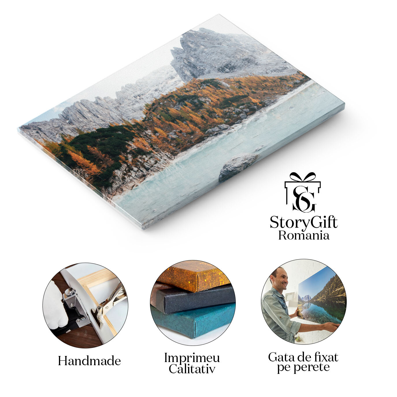 Tablou canvas cu peisaj, lac, pietre, munte, padure, toamna, multicolor 40x25CM [1]