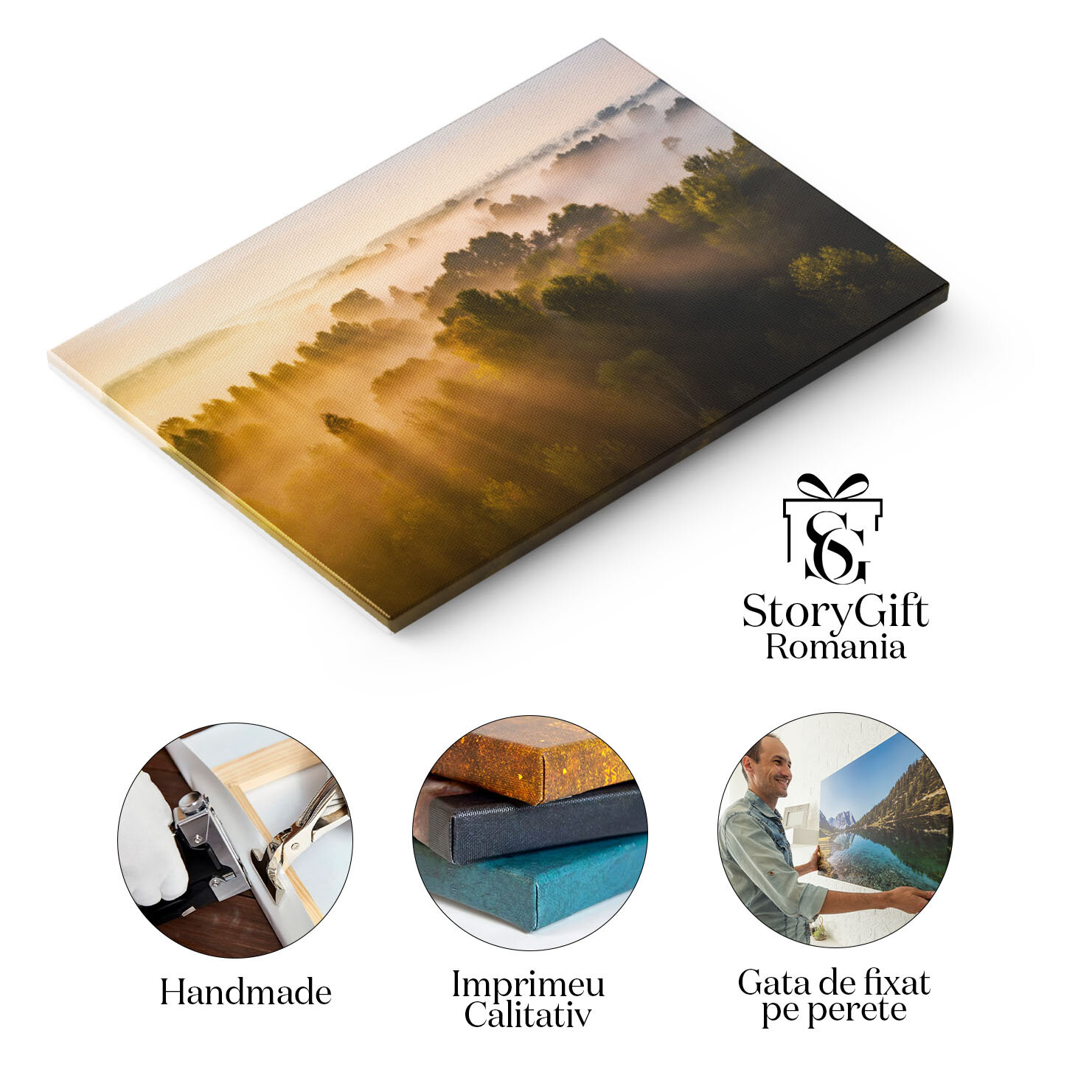 Tablou canvas cu apus, raze de lumina, padure, ceata, natura, multicolor 40x25CM [1]