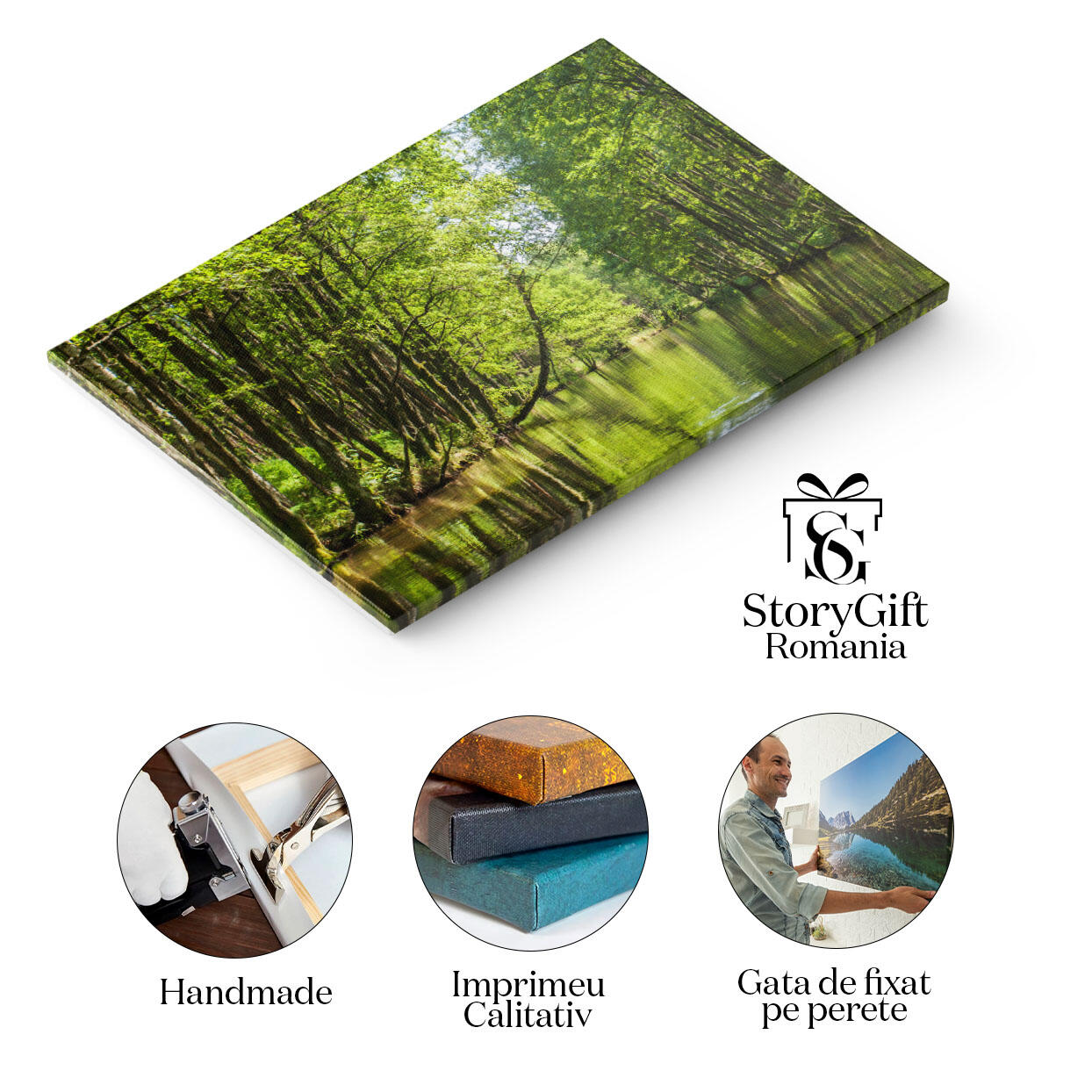 Tablou canvas cu rau, padure, copaci, lumina soarelui, verdeata, multicolor 40x25CM [1]