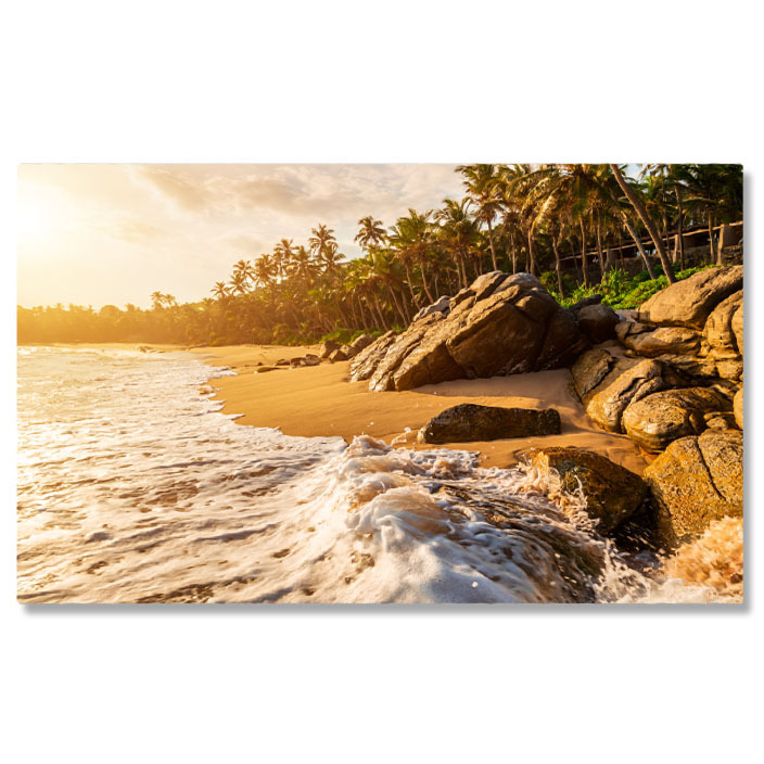 Apus și Răsări - Tablou canvas cu plaja, valuri, mare, palmieri, padure, apus, multicolor 40x25CM