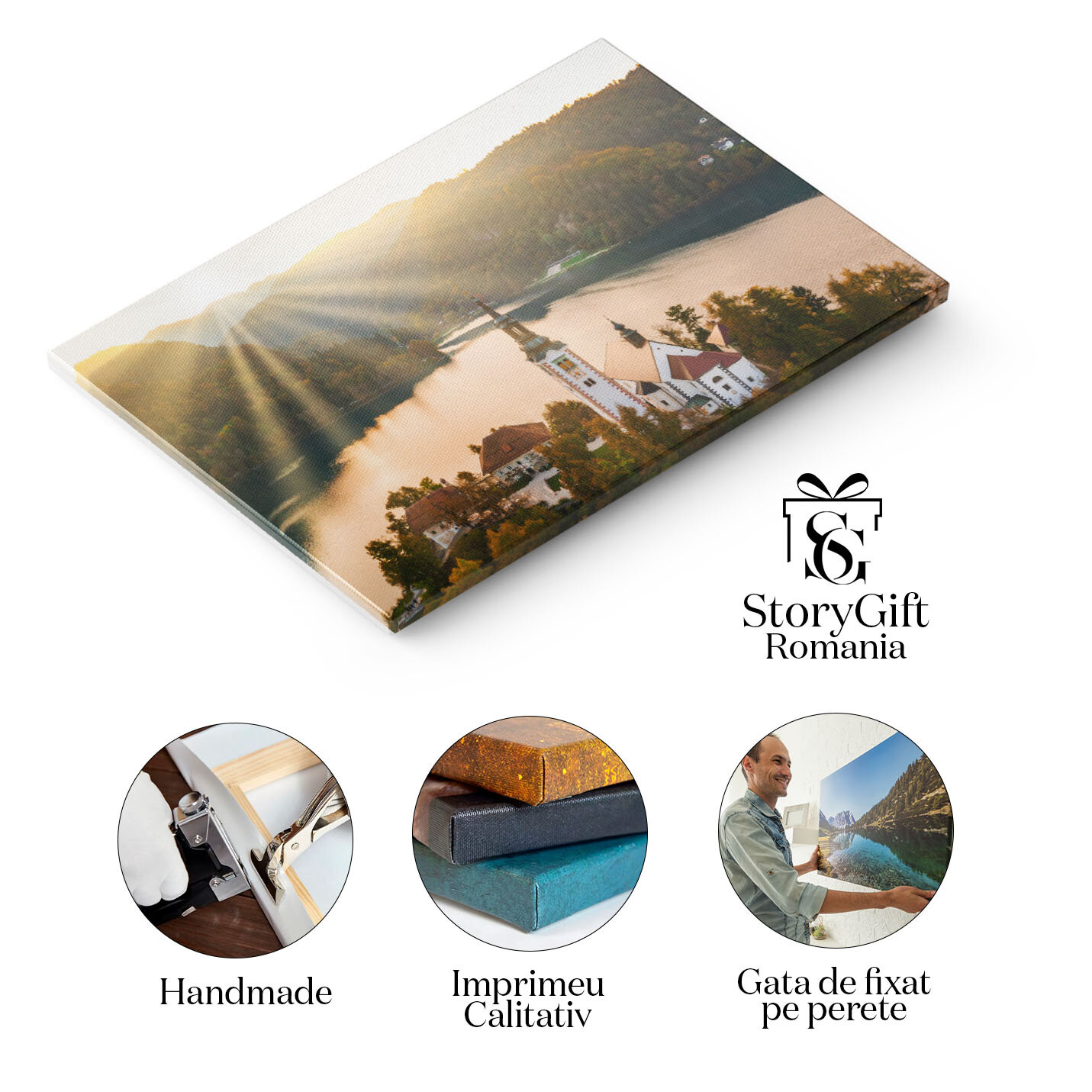 Tablou canvas cu peisaj, raze de soare, lac, cladiri, padure, multicolor 40x25CM [1]