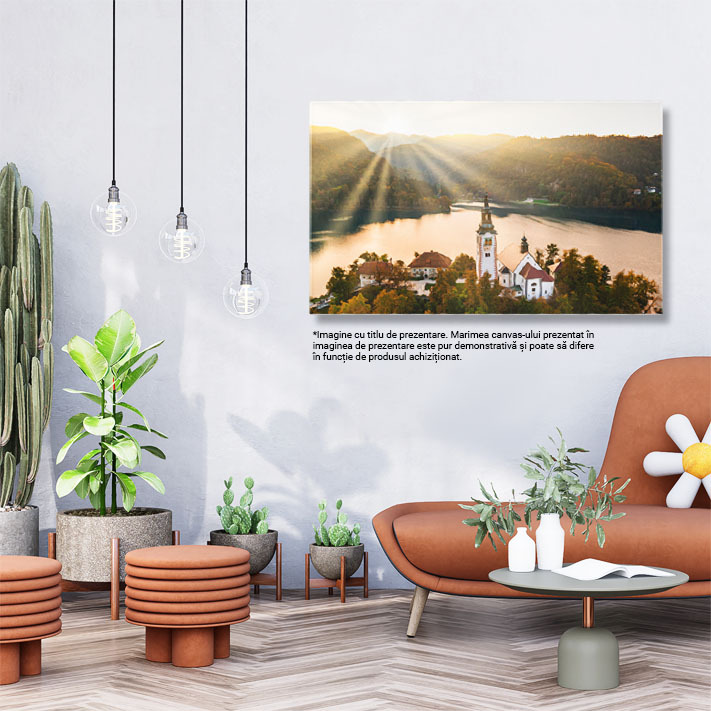 Tablou canvas cu peisaj, raze de soare, lac, cladiri, padure, multicolor 40x25CM [2]
