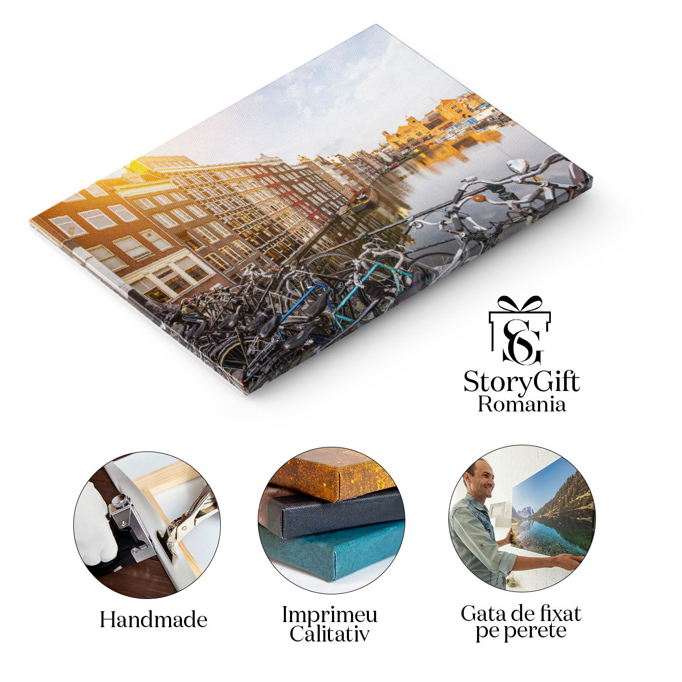 Tablou Canvas Amsterdam Peisaj Urban cu Canale si Cladiri Traditionale, amsterdam, city, netherlands, canal, dutch 438 40x25CM [1]