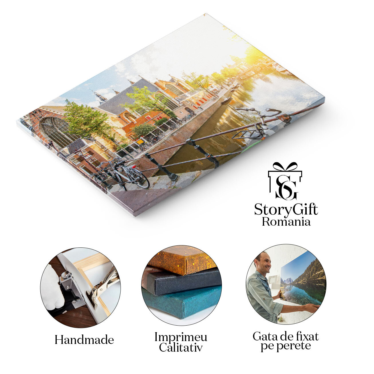 Tablou Canvas Amsterdam Vedere Pitoreasca la Canale si Orasul Vechi, amsterdam, city, netherlands, canal, travel 439 40x25CM [1]