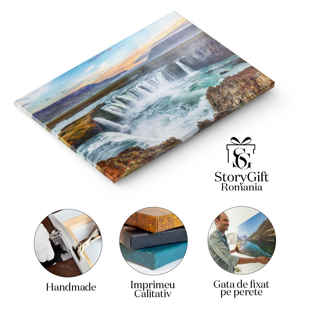 Tablou canvas cu apus, cascada, rau, stanci, cer, nori, apa, multicolor 40x25CM [1]