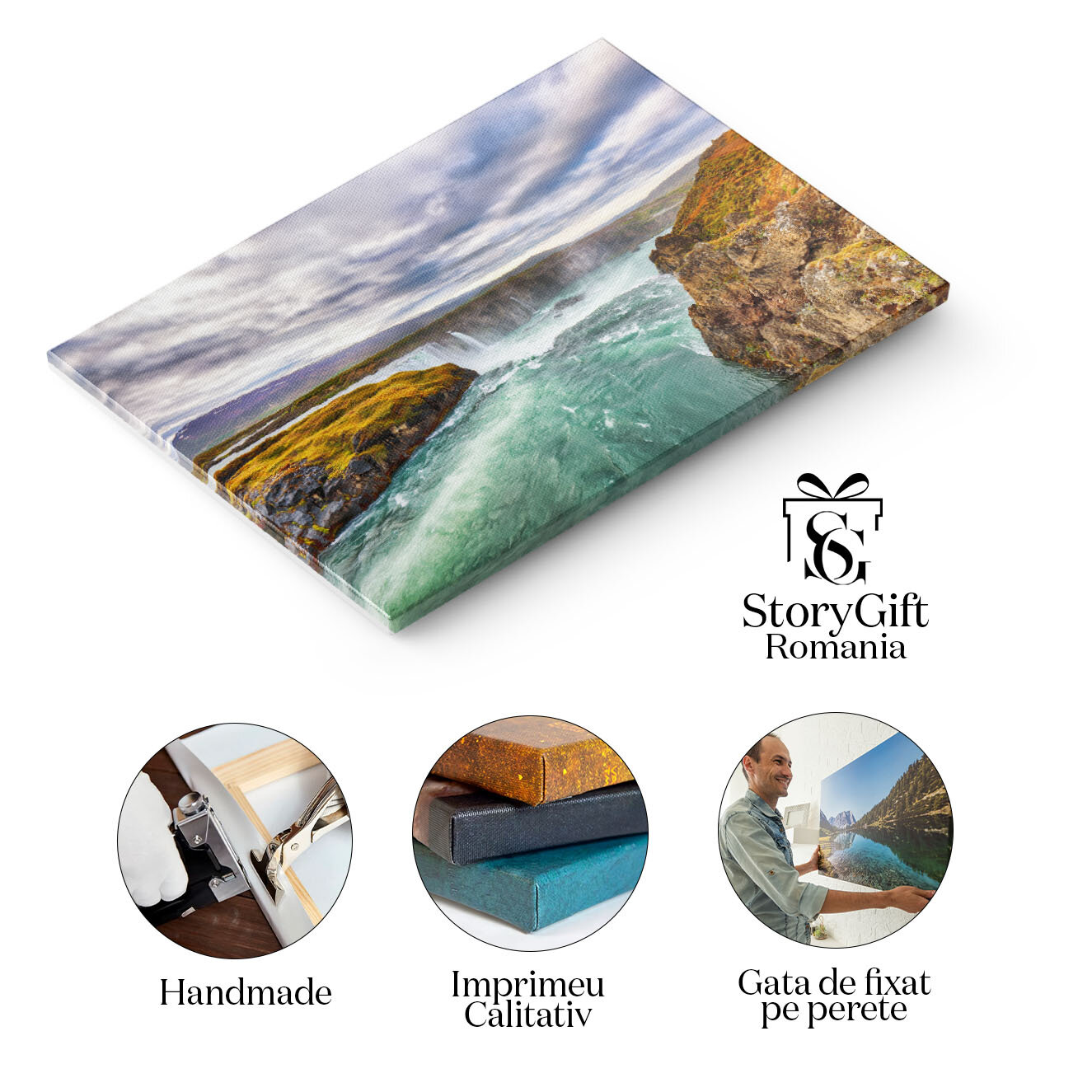 Tablou canvas cu apa, rau, cascada, cer, nori, munti, pietre, multicolor 40x25CM [1]