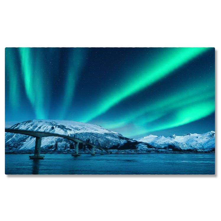 Aurora Boreală - Tablou canvas cu aurora boreala, lac, pod, stele, noapte, zapada, multicolor 40x25CM