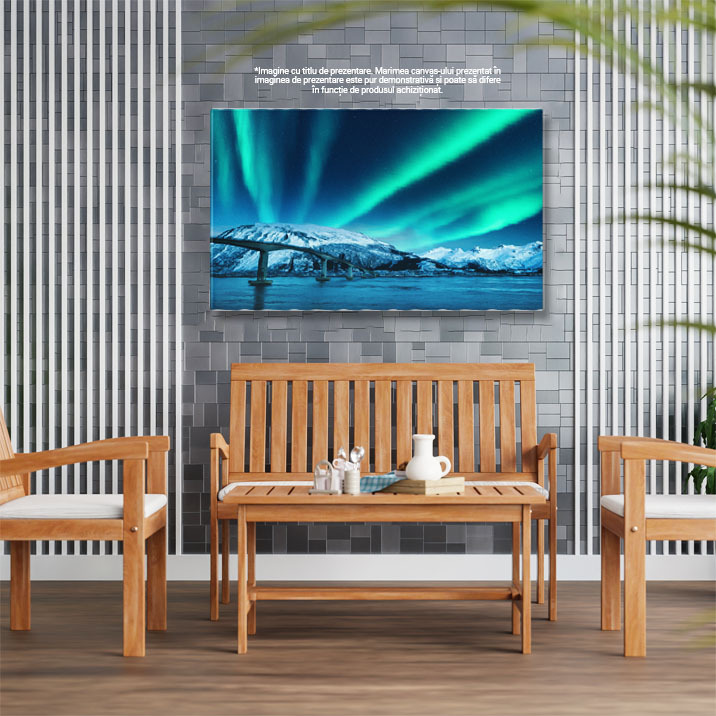 Tablou canvas cu aurora boreala, lac, pod, stele, noapte, zapada, multicolor 40x25CM [2]
