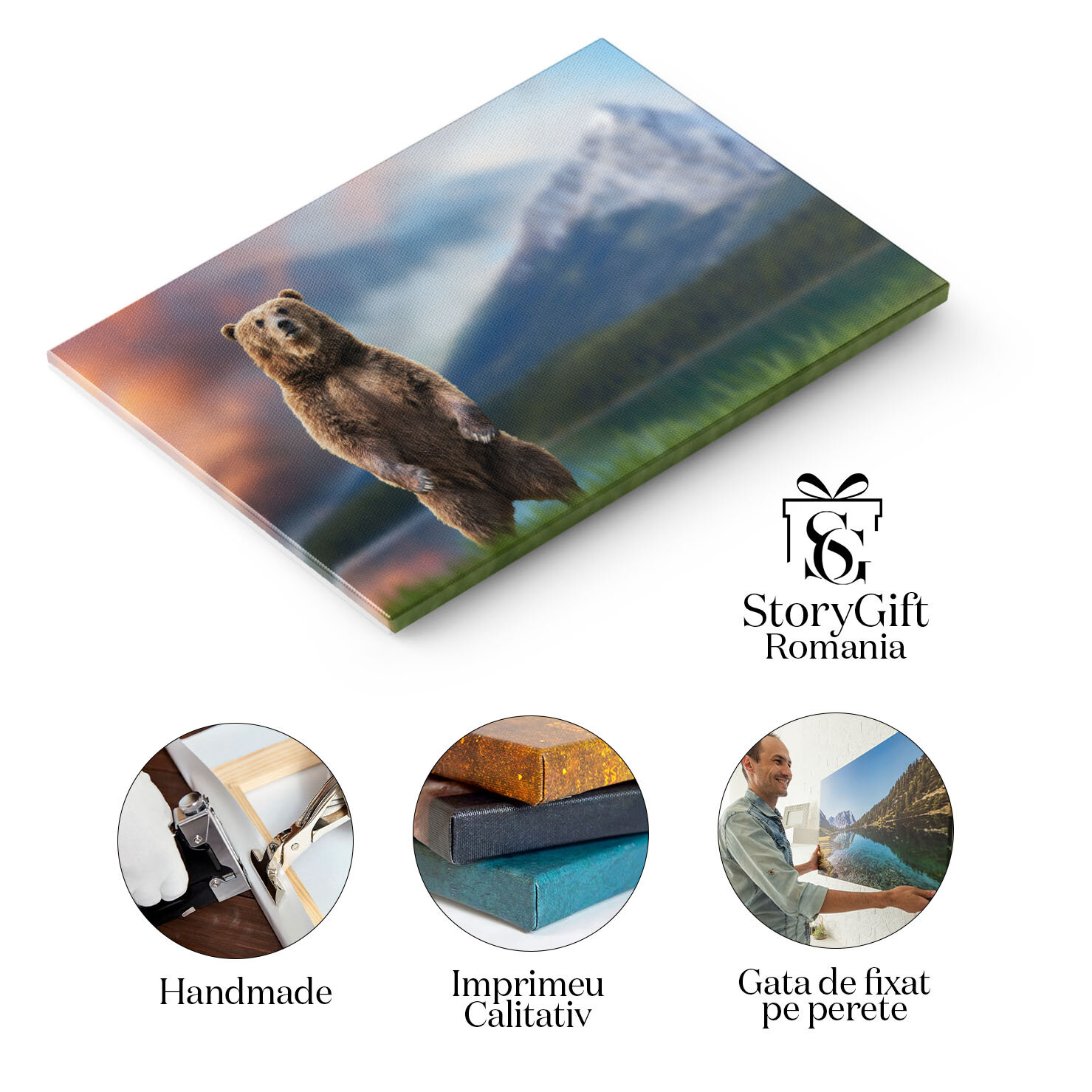 Tablou canvas cu urs, animal, cer, apus, nori, munte, padure, multicolor 40x25CM [1]