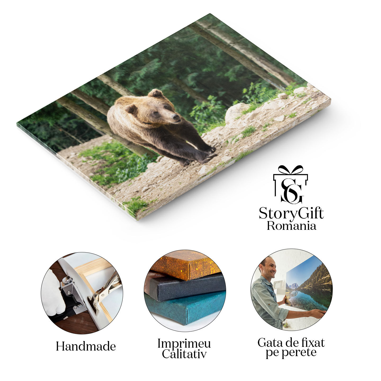 Tablou canvas cu urs, animnal salbatic, padure, pietre, natura, multicolor 40x25CM [1]