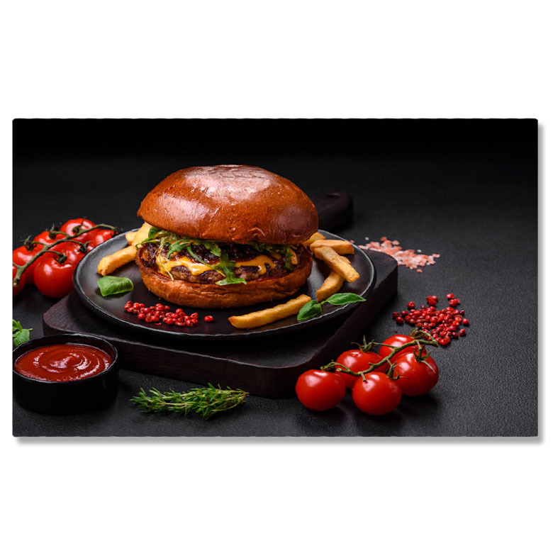 Mâncare - Tablou canvas cu mancare, burger, rosii, rozmarin, cartofi, multicolor 40x25CM