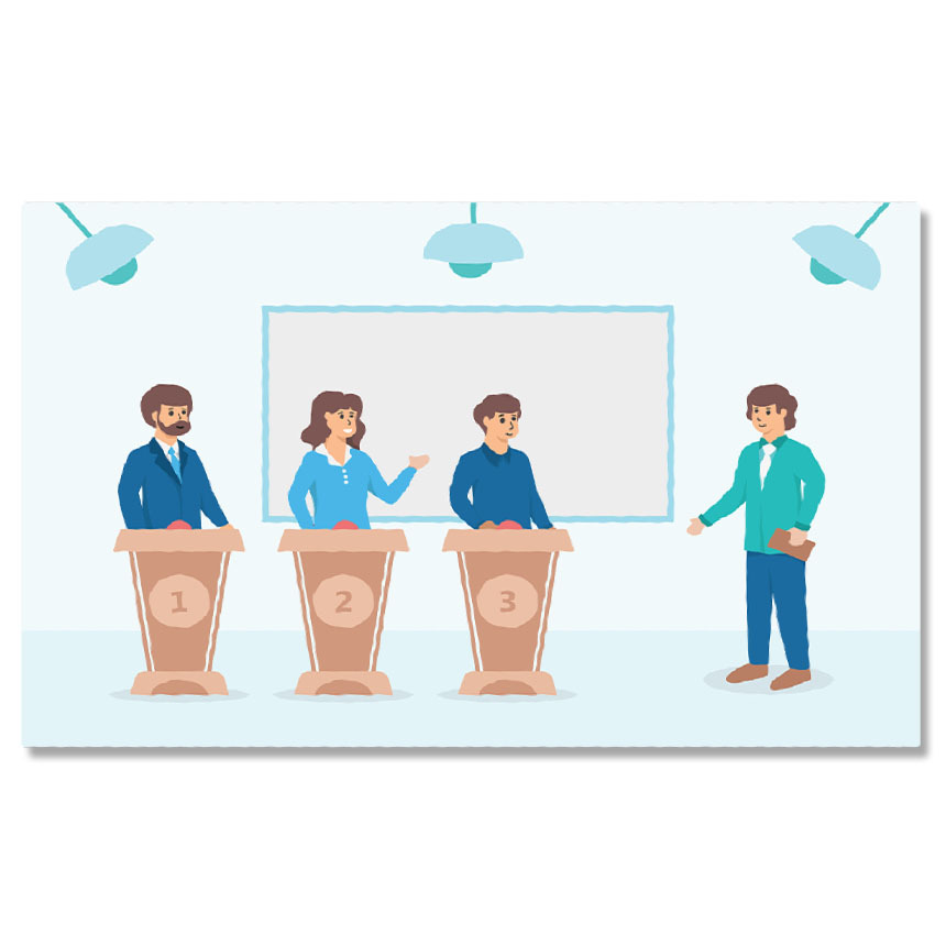 Diverse - Tablou Canvas Concursul de Raspunsuri cu Prezentatorul in Verde si o Femeie cu Doi Barbati Participanti 40x25CM