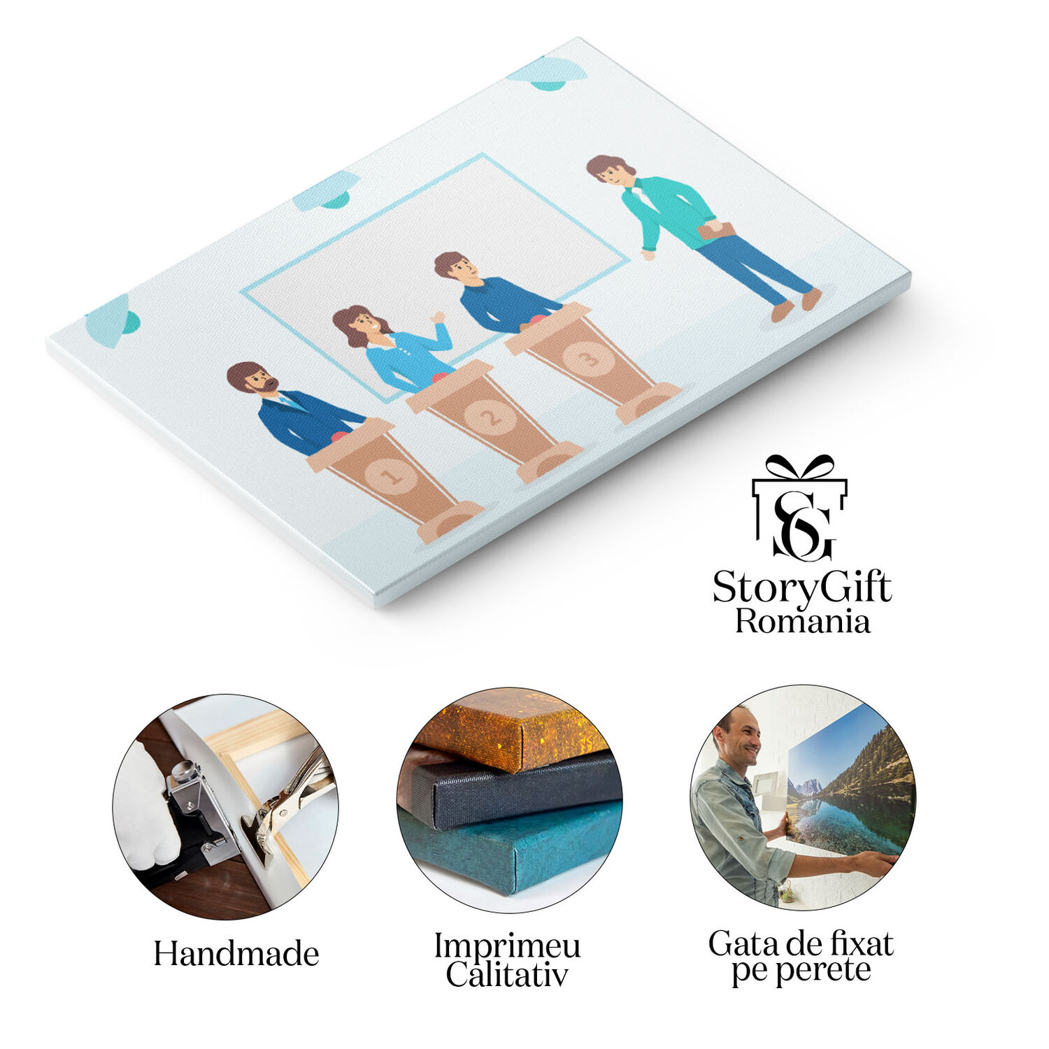 Tablou Canvas Concursul de Raspunsuri cu Prezentatorul in Verde si o Femeie cu Doi Barbati Participanti 40x25CM [1]