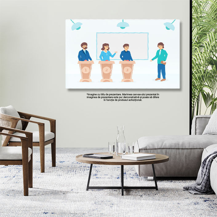 Tablou Canvas Concursul de Raspunsuri cu Prezentatorul in Verde si o Femeie cu Doi Barbati Participanti 40x25CM [2]