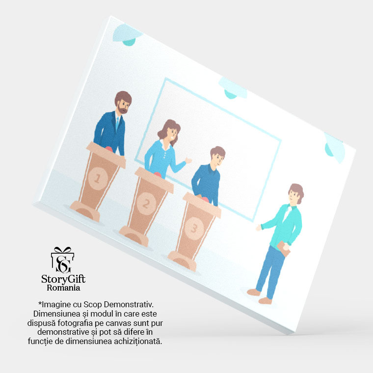 Tablou Canvas Concursul de Raspunsuri cu Prezentatorul in Verde si o Femeie cu Doi Barbati Participanti 40x25CM [3]