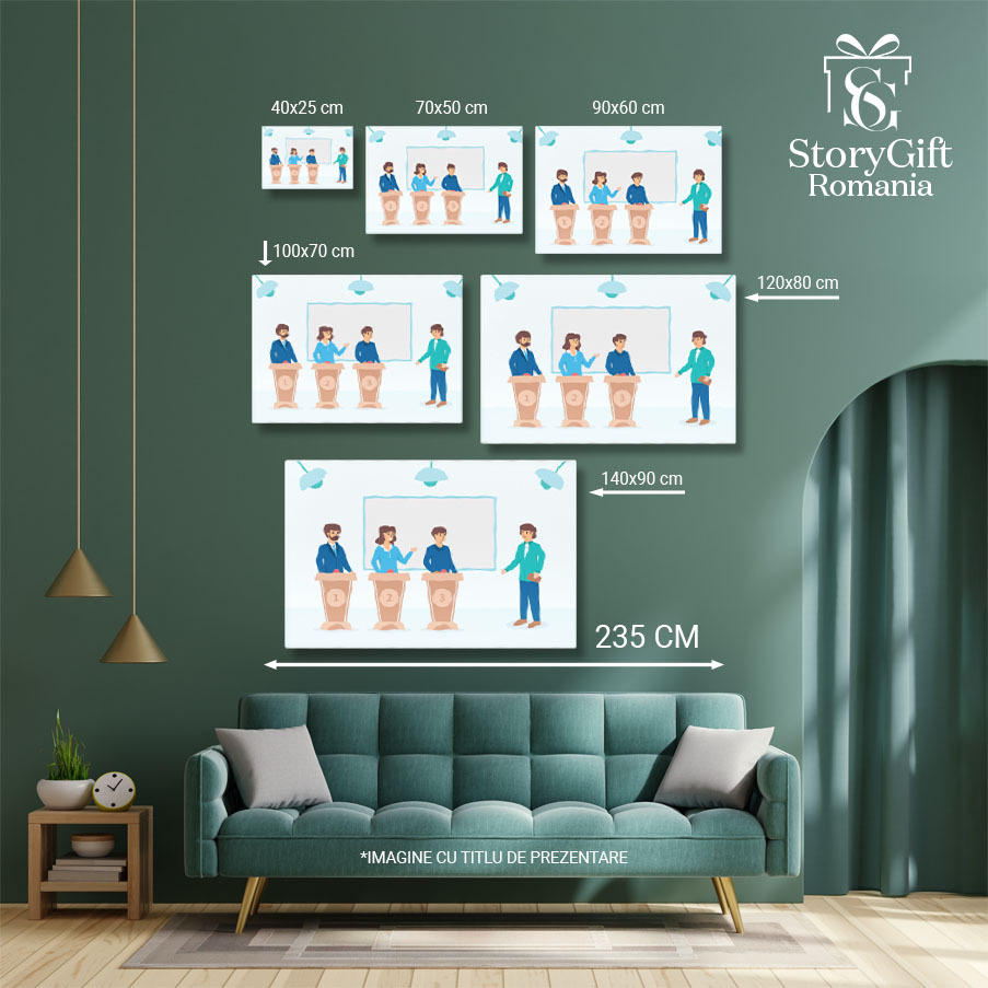 Tablou Canvas Concursul de Raspunsuri cu Prezentatorul in Verde si o Femeie cu Doi Barbati Participanti 40x25CM [4]