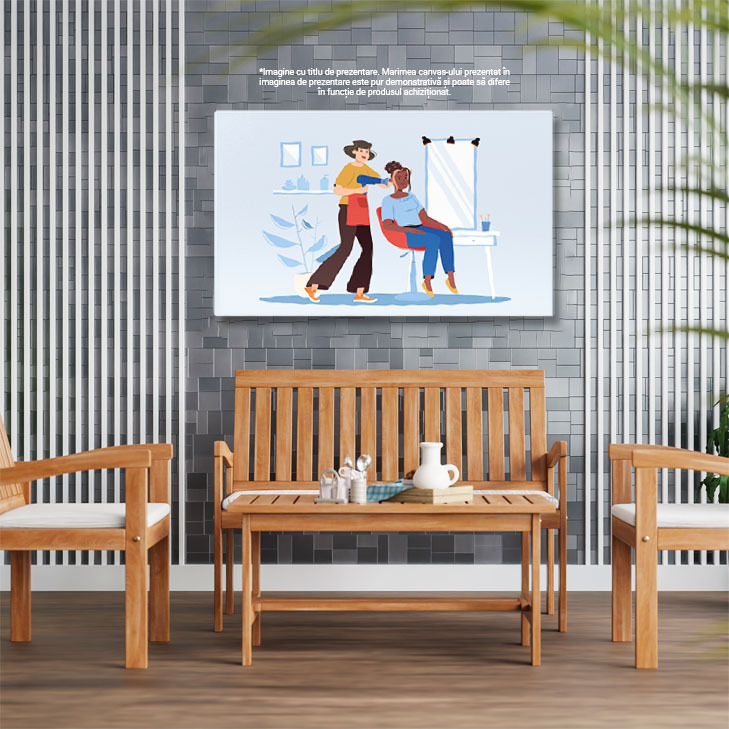 Tablou Canvas Salonul Albastru o Coafeza cu Parul Scurt cu un Feon in Mana si un Sort Rosu si Clienta cu Suvite 40x25CM [2]