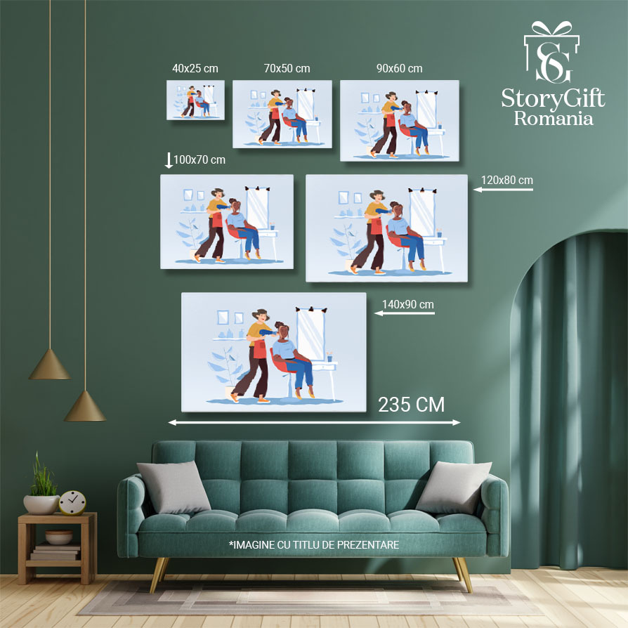 Tablou Canvas Salonul Albastru o Coafeza cu Parul Scurt cu un Feon in Mana si un Sort Rosu si Clienta cu Suvite 40x25CM [4]