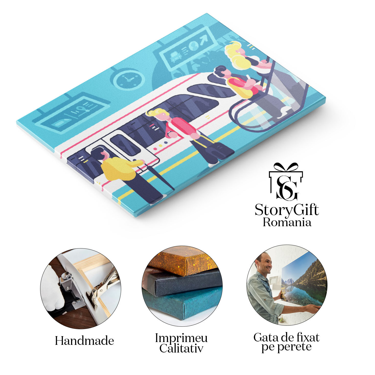 Tablou Canvas Persoane care se Grabesc sa Prinda Trenul, Gara Orasului cu Oameni care Vin si care Pleaca 40x25CM [1]