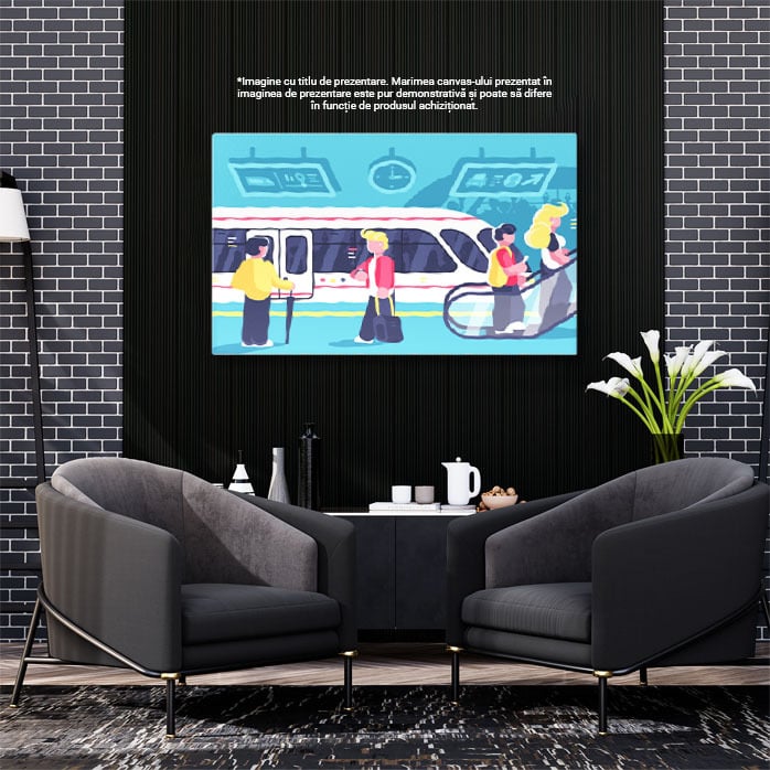 Tablou Canvas Persoane care se Grabesc sa Prinda Trenul, Gara Orasului cu Oameni care Vin si care Pleaca 40x25CM [2]