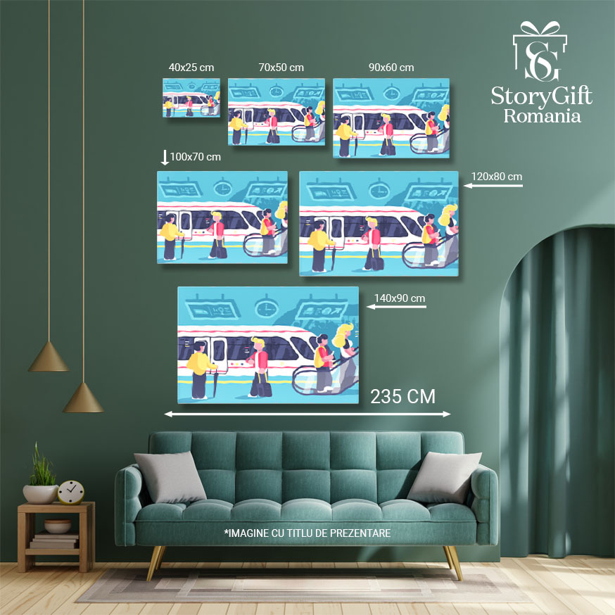 Tablou Canvas Persoane care se Grabesc sa Prinda Trenul, Gara Orasului cu Oameni care Vin si care Pleaca 40x25CM [4]