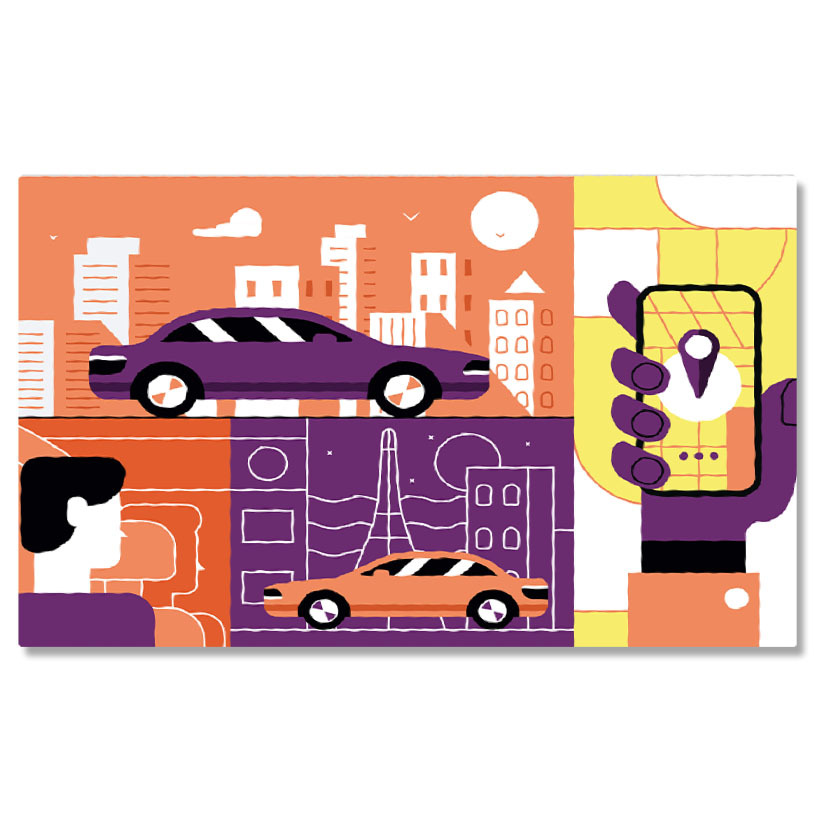 Vehicule - Tablou Canvas Masina Mov in Lumea Portocalie si Masina Portocalie in Lumea Mov Ilustratie cu un Telefon 40x25CM