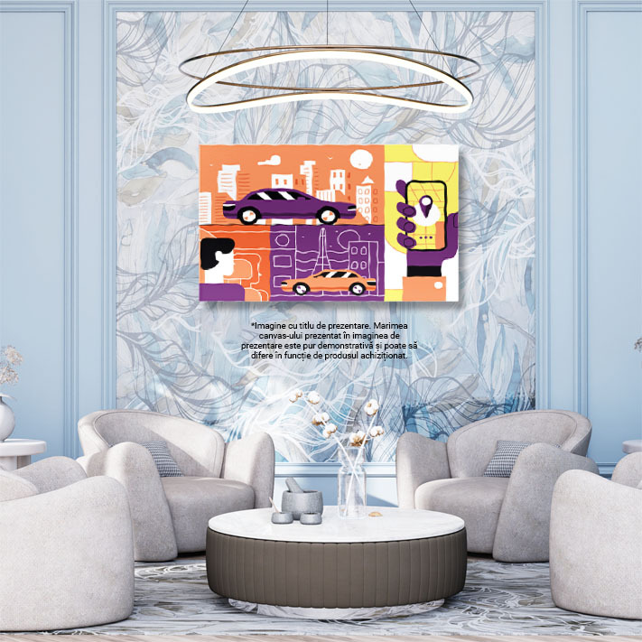 Tablou Canvas Masina Mov in Lumea Portocalie si Masina Portocalie in Lumea Mov Ilustratie cu un Telefon 40x25CM [2]