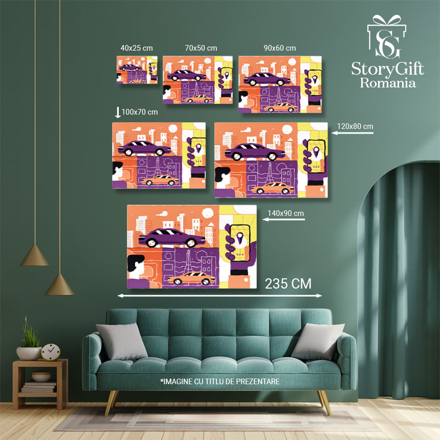 Tablou Canvas Masina Mov in Lumea Portocalie si Masina Portocalie in Lumea Mov Ilustratie cu un Telefon 40x25CM [4]