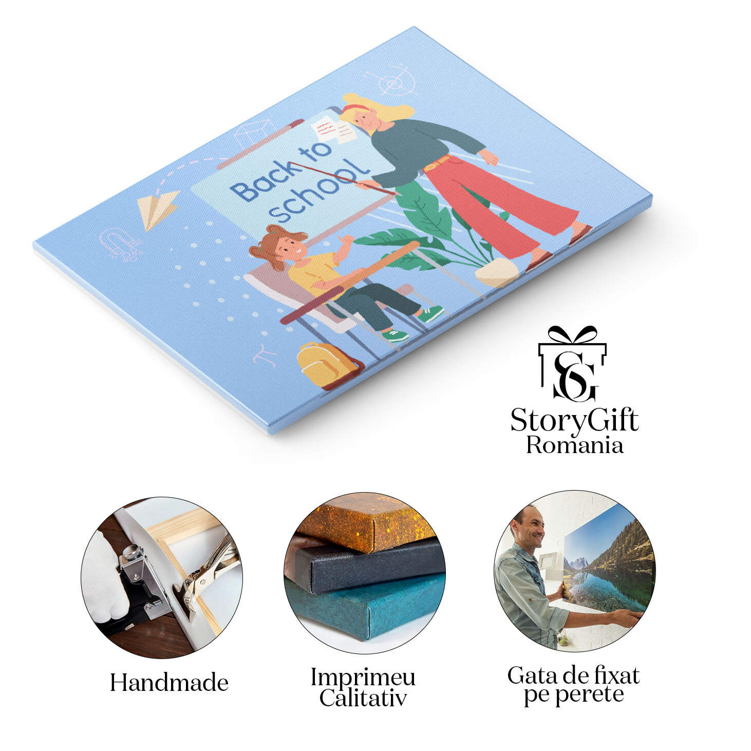 Tablou Canvas Intoarsa din Vacanta o Fetita cu Parul Prins Codite Vorbind cu Doamna Blonda in Bluza Verde 40x25CM [1]