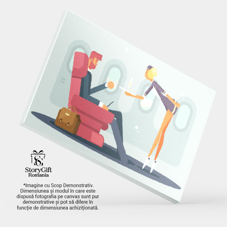 Tablou Canvas Afacerist Imbracat Elgeant Serveste un Pahar de Sampanie in Avion adus de Stewardesa Profesionista 40x25CM [3]