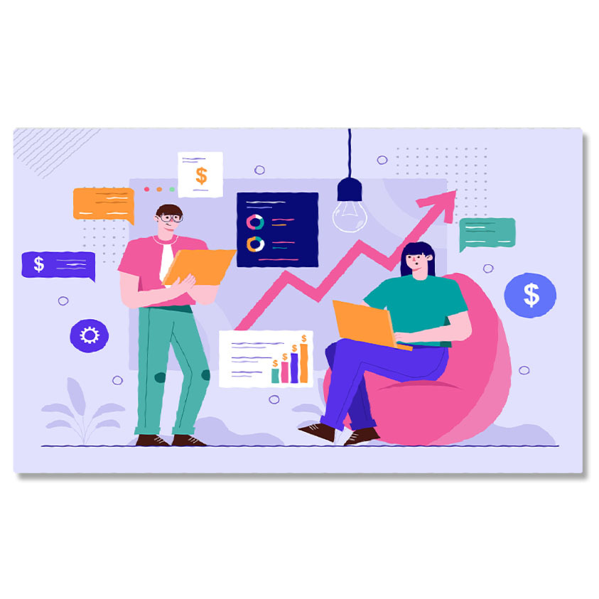 Meserii - Tablou Canvas Un Barbat in Camasa Roz si Pantaloni Verzi si o Femeie care Verifica Monitorizarea Cresterea Profitului 40x25CM