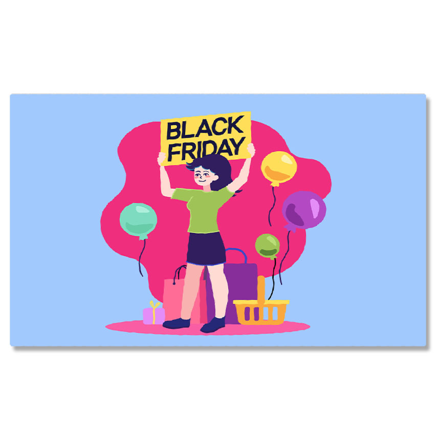 Abstract - Tablou Canvas Marea Reclama la Reducerile de Black Friday ale Fetei cu Tricou Verde si Fusta langa Baloane 40x25CM