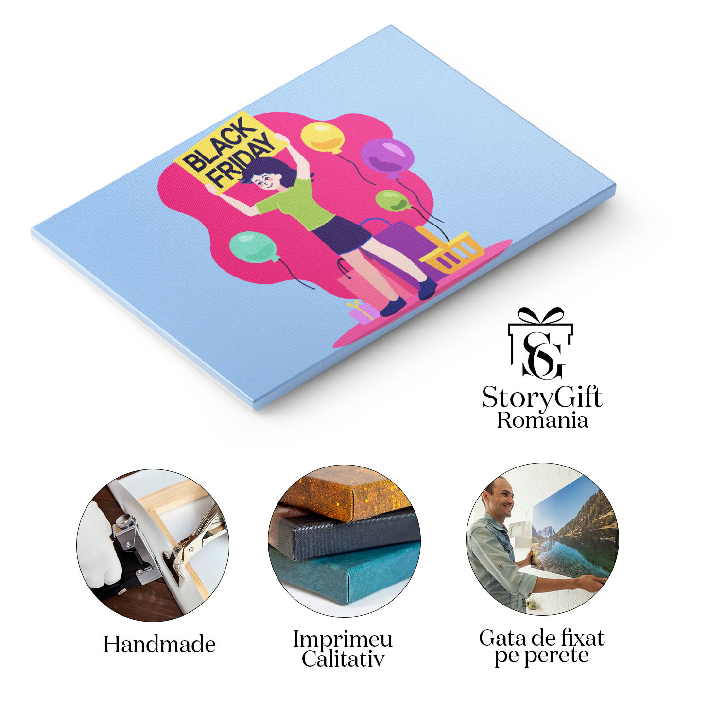 Tablou Canvas Marea Reclama la Reducerile de Black Friday ale Fetei cu Tricou Verde si Fusta langa Baloane 40x25CM [1]