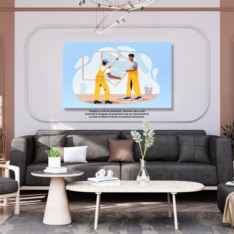 Tablou Canvas Muncitorii cu Salopete Galbene Monteaza Oglinzile pe Peretele Casei Proaspat Vopsit 40x25CM [2]