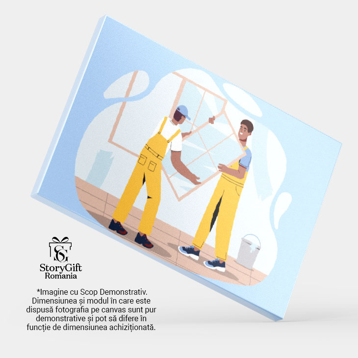 Tablou Canvas Muncitorii cu Salopete Galbene Monteaza Oglinzile pe Peretele Casei Proaspat Vopsit 40x25CM [3]