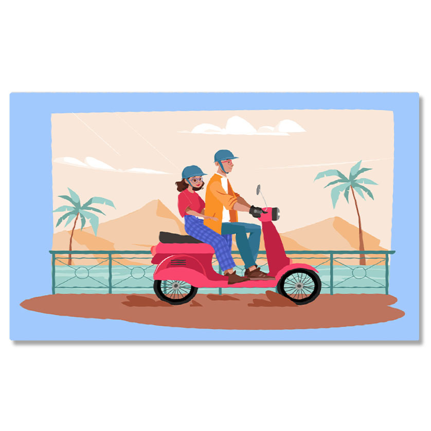 Vehicule - Tablou Canvas Scuterul Roz pe care Se Plimba Femeia si Barbatul cu Casca de Protectie pe Malul Marii 40x25CM