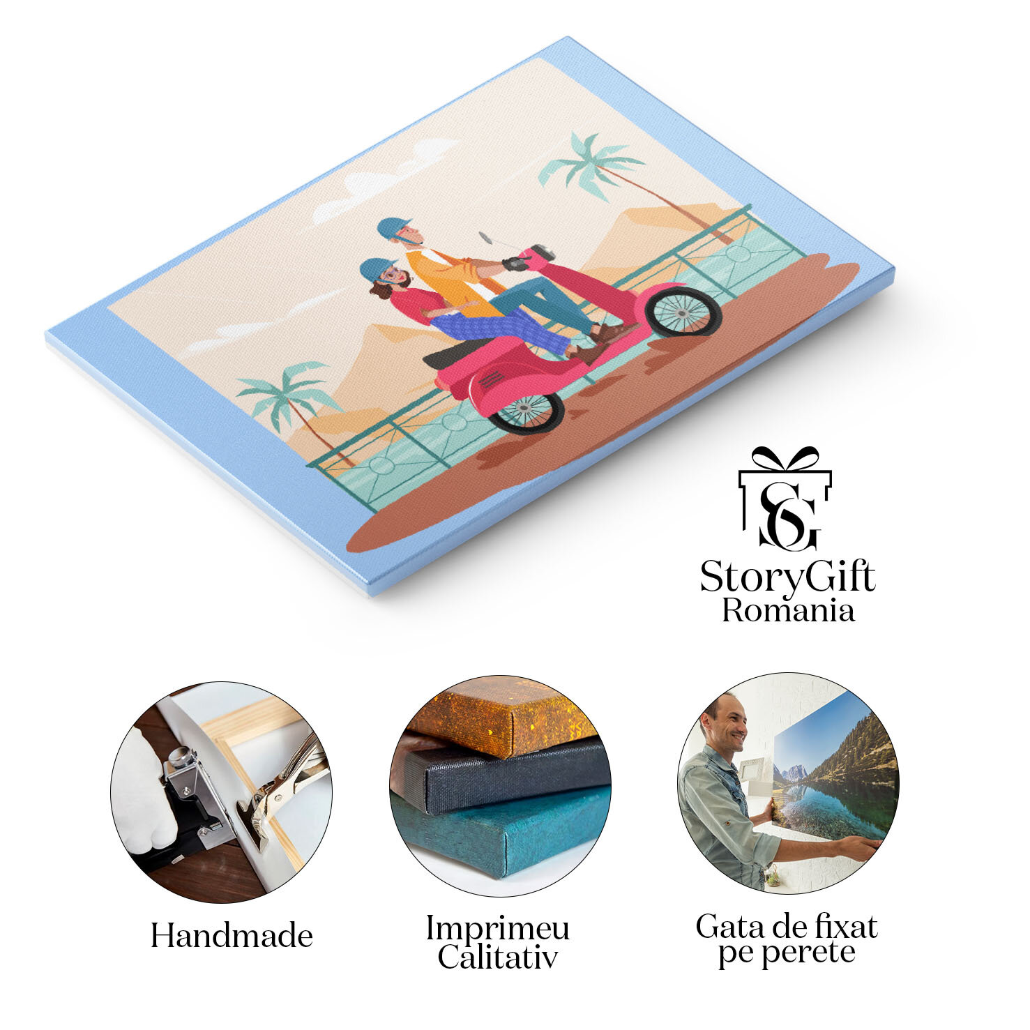 Tablou Canvas Scuterul Roz pe care Se Plimba Femeia si Barbatul cu Casca de Protectie pe Malul Marii 40x25CM [1]