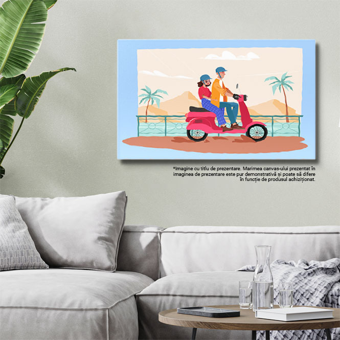 Tablou Canvas Scuterul Roz pe care Se Plimba Femeia si Barbatul cu Casca de Protectie pe Malul Marii 40x25CM [2]