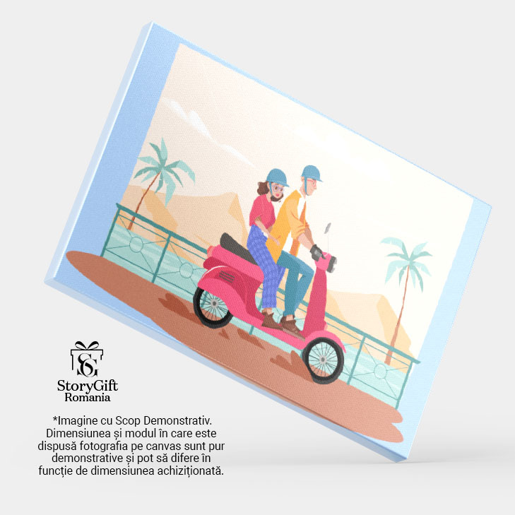 Tablou Canvas Scuterul Roz pe care Se Plimba Femeia si Barbatul cu Casca de Protectie pe Malul Marii 40x25CM [3]