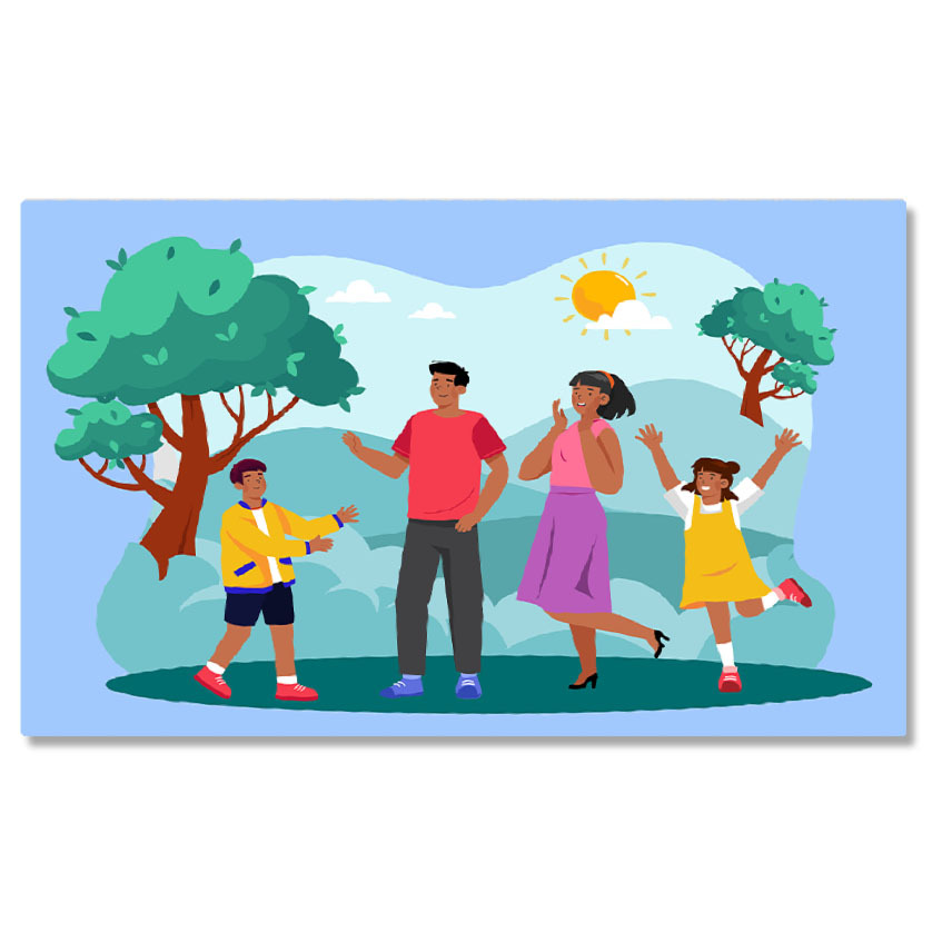 Abstract - Tablou Canvas Fetita si Baietelul Fratiorii Veseli Impreuna cu Parintii in Parc cu Soarele pe Cer printre Copaci 40x25CM