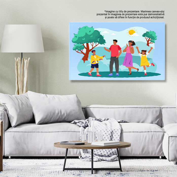 Tablou Canvas Fetita si Baietelul Fratiorii Veseli Impreuna cu Parintii in Parc cu Soarele pe Cer printre Copaci 40x25CM [2]