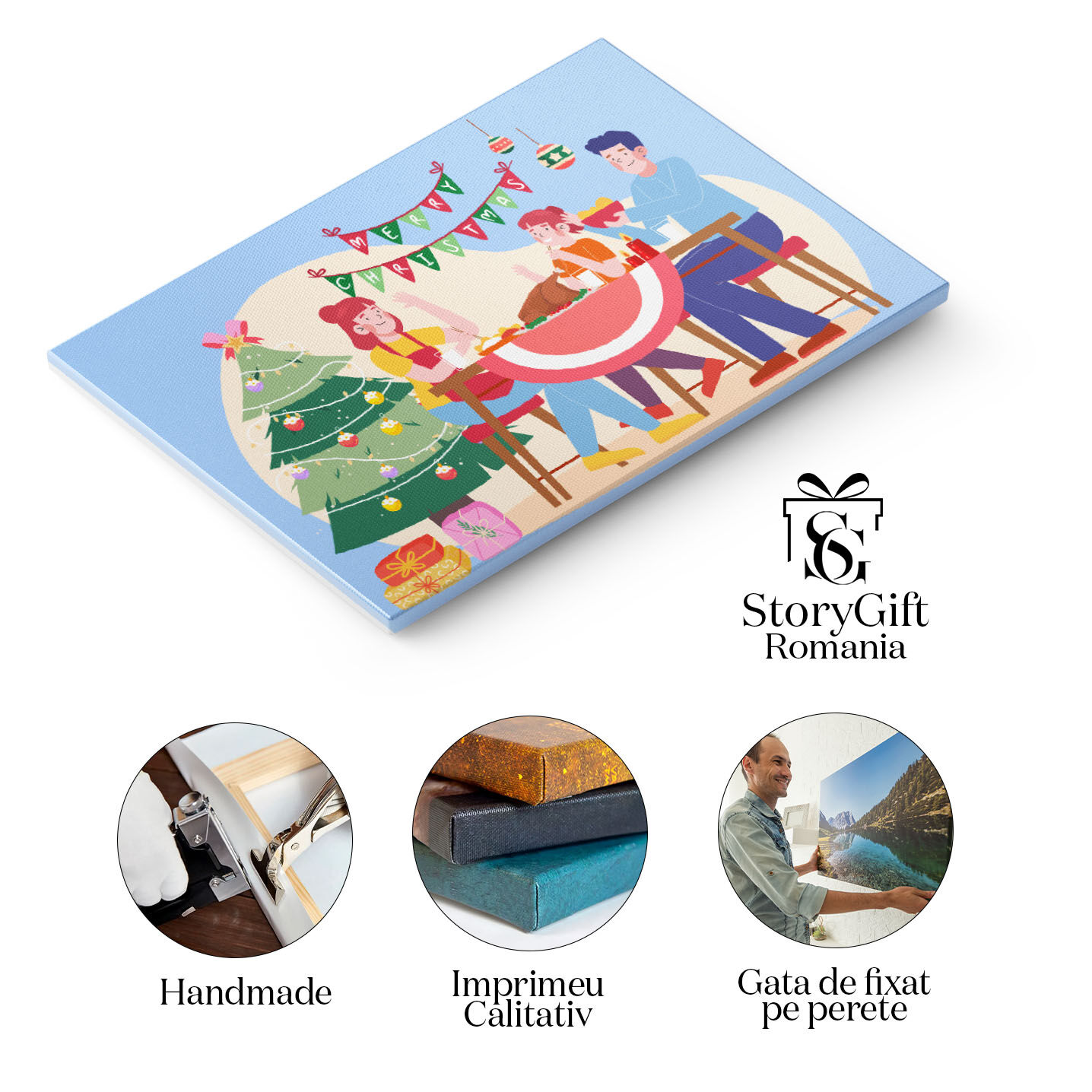 Tablou Canvas Masa de Craciun in Familie, Mama cu Sortul Rosu si Tatal langa Fetita Frumoasa cu Bradul de Craciun 40x25CM [1]